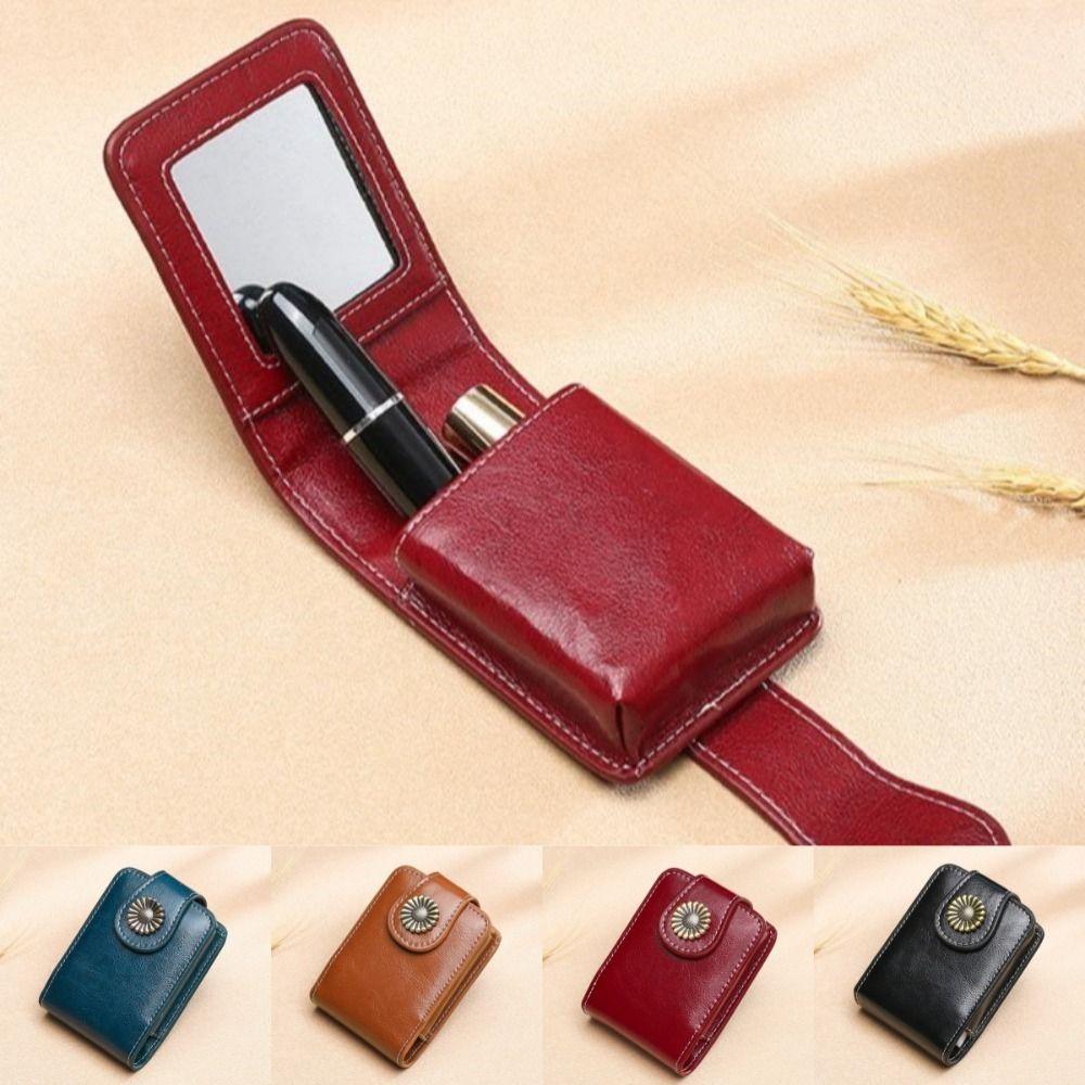 New Portable Mini Makeup Bag with Mirror Vintage Lipstick Packet Cosmetic Accessories PU Leather Storage Pouch for Women Girls