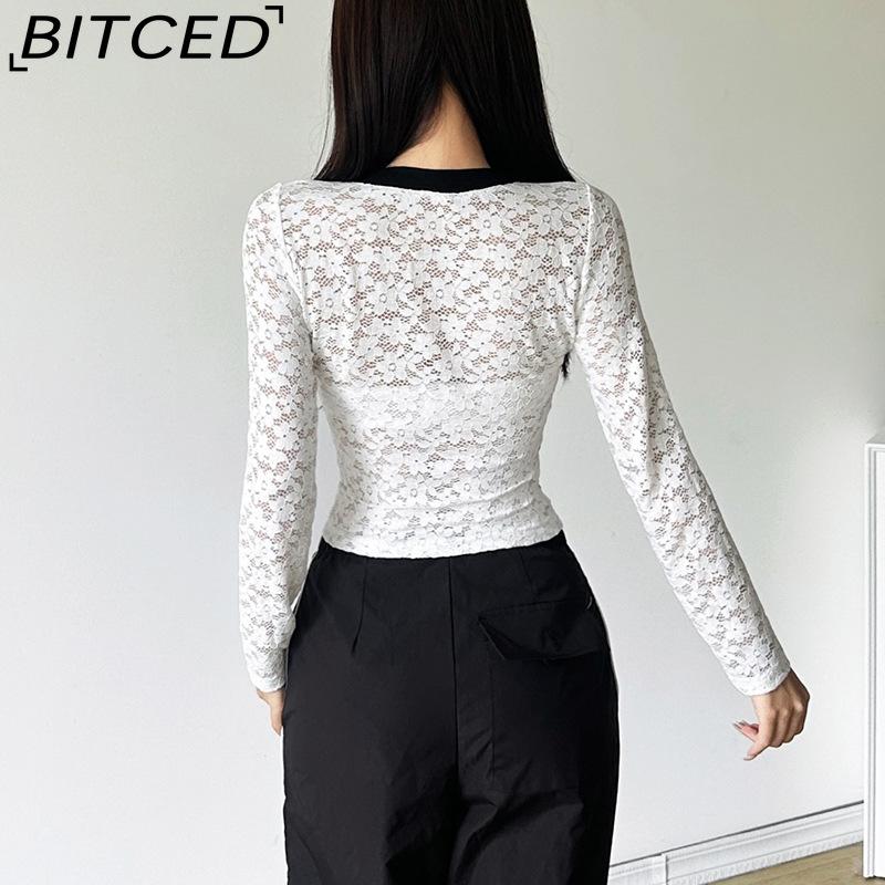 BITCED Autumn Women's Solid-Colour Slim-Fit Cropped V-Neck Long-Sleeved Printed Top