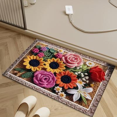 Alfombra de Piso Patrón de Flores 3D Alfombra de Baño Altamente Absorbente de Secado Rápido Dorso de Goma Antideslizante Cocina Ducha Lavandería Felpudo