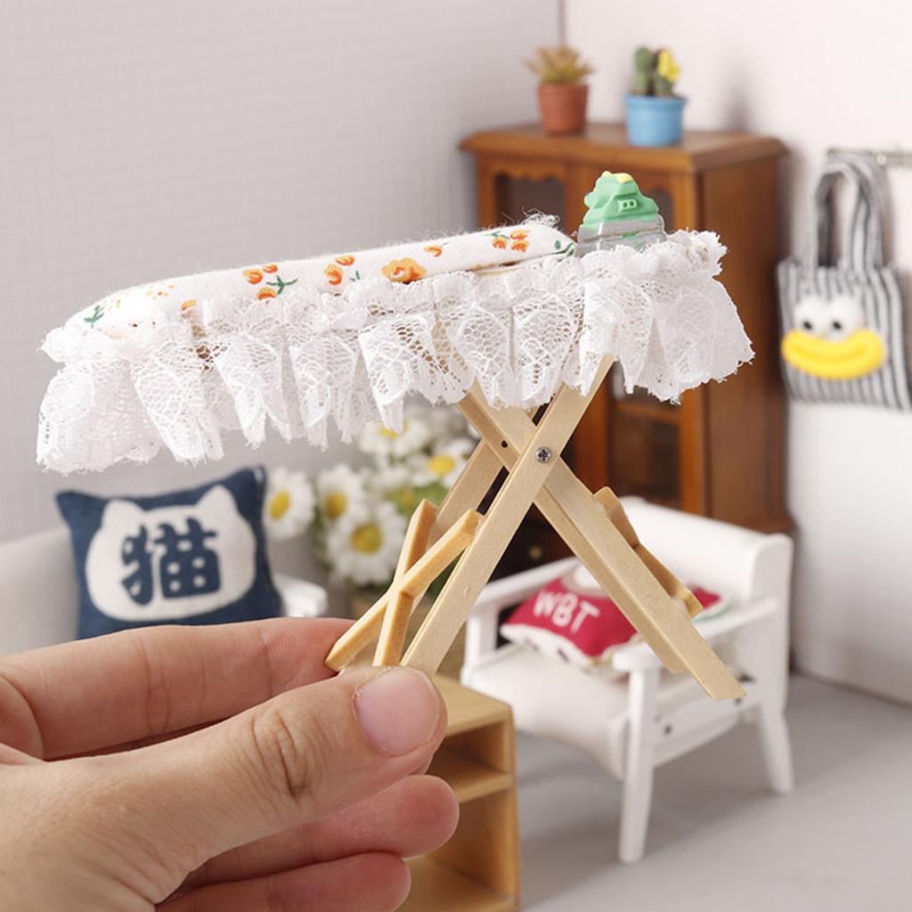 Detailed Miniature Furniture Ironing Table and Iron Set for 1/12 Dollhouse Display Room Decoration Dollhouse Accessories