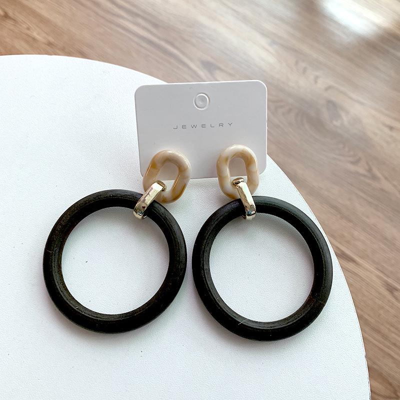Korean Retro Geometric Wooden Stud Earrings with Metal Letter Dangle