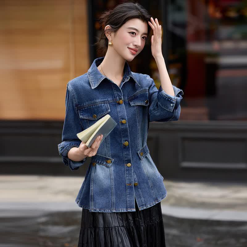 Bailuyu Women s Washed Denim Lapel Jacket L