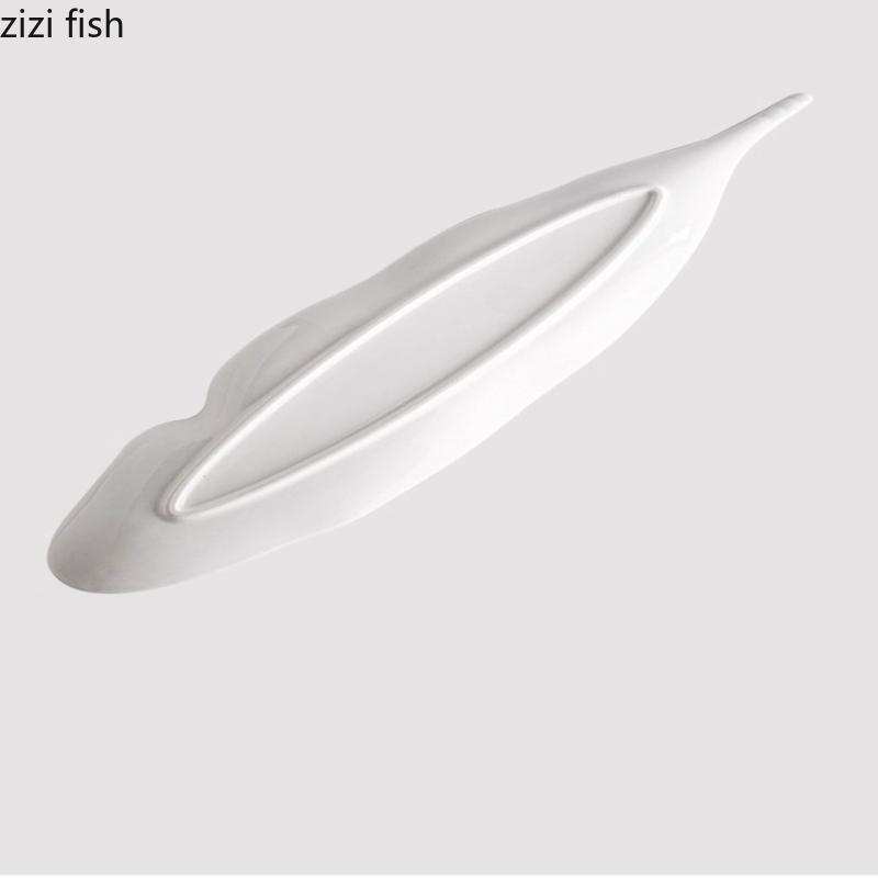 Leaf Shaped Ceramic Dining Plate White Long Fish Plates Sushi Plate Dim Sum Dish Fruit Plates Snack Bowl Sting Disc Cake Tray
