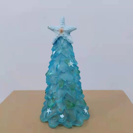 Seaglass Christmas Tree Decoration Blue Green Sea Glass Starfish Shell Ocean-themed Xmas Tree Figurine Holiday Resin Tree Desktop Ornament