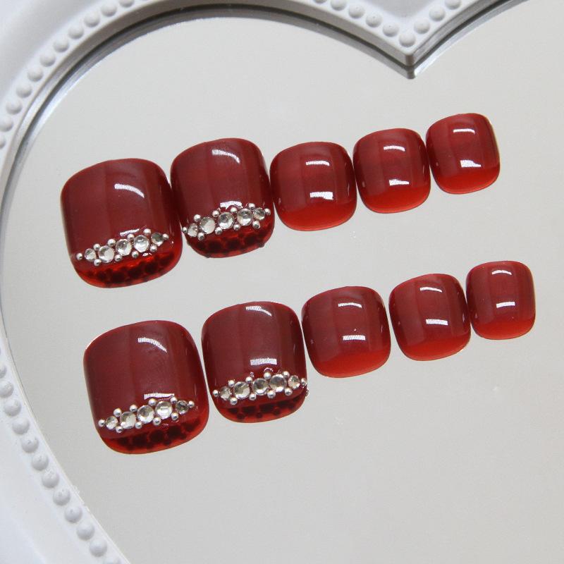 Nail art fake nail wearing nail piece burgundy toenail solid color removable nail piece foot nail diamond 24 pieces