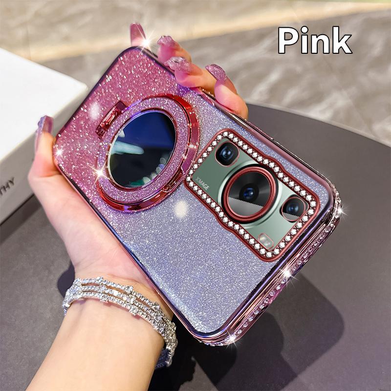 KEYSION Luxury Glitter Jewelled Magnetic Phone Case for Huawei P60 Pro Makeup Mirror Stand Shockproof Cover for Huawei P60