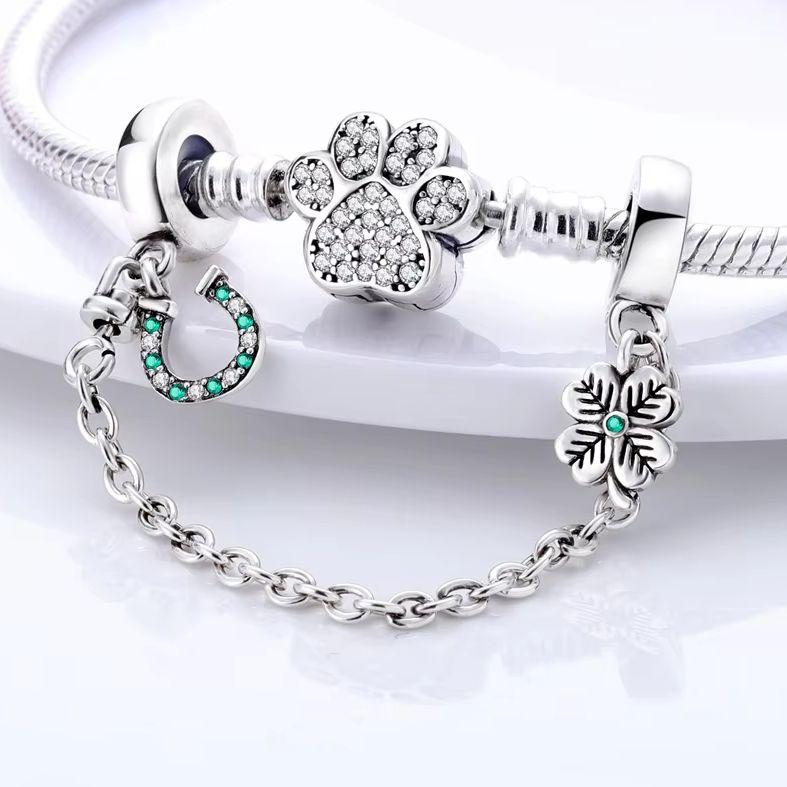 New 925 Silver Safety Chain Moon Flower Star Dangle Charm Fit Original DIY Bracelet For Women Girl Jewelry
