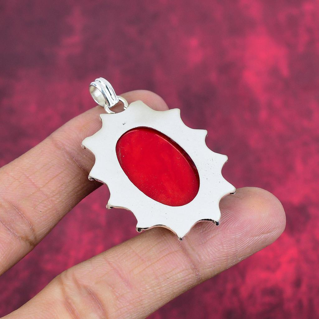 Red Coral Handmade Gemstone Pendant, 925 Solid Sterling Silver Pendant Antique Jewelry, For Engagement Gift