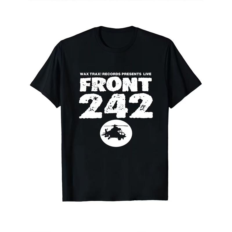 Vintage Koszulka z Grafiką Zespołu 242 Front, Trasa Koncertowa, Zniszczona Typografia i Ikoniczne Logo, Miękki Oddychający Materiał, Lekko Rozciągliwa, Unisex