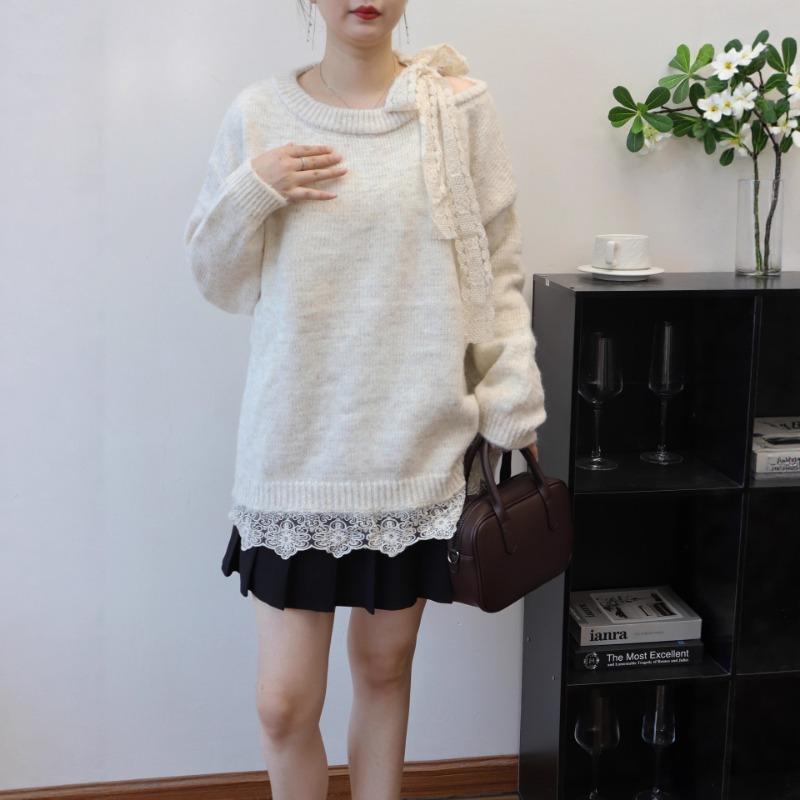 Premium lace lace-up bow knitted sweater top autumn and winter new off-the-shoulder sweater pullover women