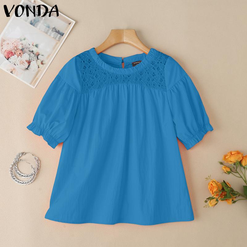 

VONDA Летняя женская повседневная блузка с круглым вырезом и рукавами-фонариками в стиле пэчворк 5XL синий