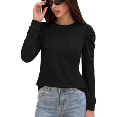 Women's Round Neck Puff Shoulder Long Sleeve Top Solid Color Casual Slim Fit Pullover T-Shirt