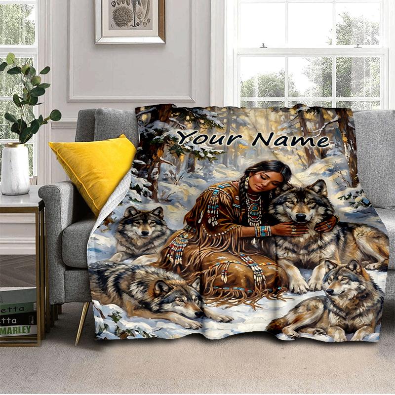 1PC Custom Name "Winter Wolf Spirit Connection" blanket versatile,all-season throw suitable for the living room,bedroom,camping,travel,and gift