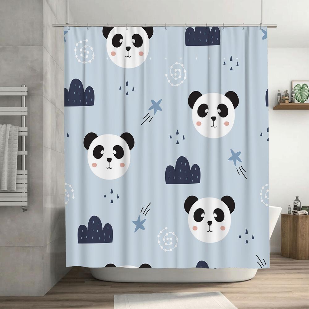 Baby Blue Shower Curtain with Cute Panda Faces and Clouds Waterproof Fabric for Bathroom Decorations in Home Garden Supplies