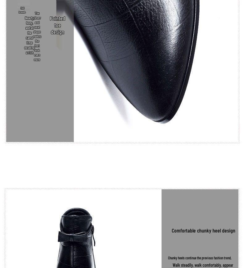 Botine de damă cu vârf ascuțit și toc gros, toamnă/iarnă 2025, botine Martin din piele moale cu căptușeală din lână