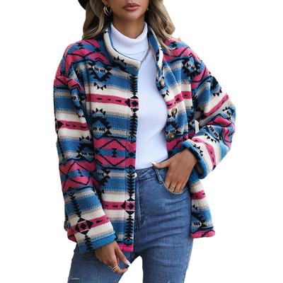 Womens Aztec Shacket Jacket Geometric Patterns Long Sleeve Button Down Fleece Short Coat for Home