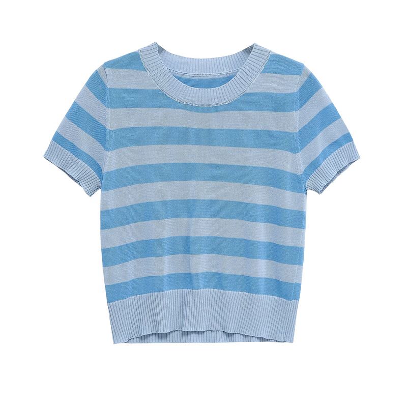 Kaslead New Arrival Women's Clothing Fashion Style Fashion Simple Knitting Stripes Short Sleeve Tops 2142079
