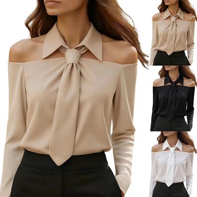 Women's Fashion Solid Color Collar Tie Long Sleeve Off Shoulder Casual Shirt Top