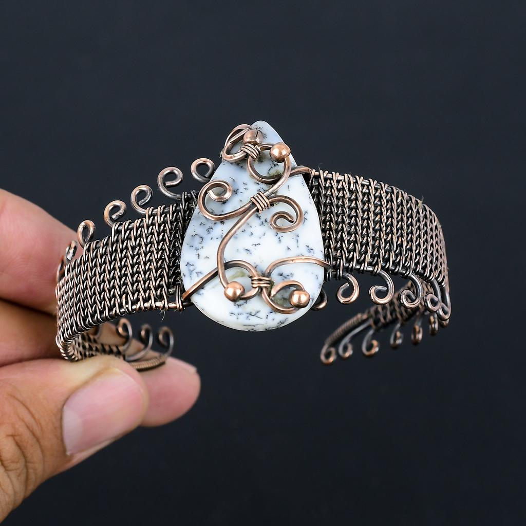 Dendrite Opal Handmade Copper Wire Wrap Bangle Adjustable r7c19