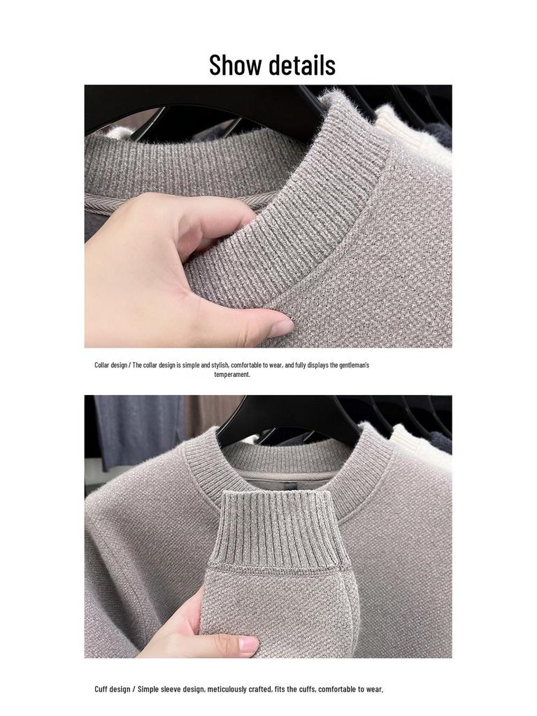 Woodpecker Men's Plus Velvet Thick Knit Sweater - Autumn/Winter Round Neck Long Sleeve Sable Velvet Warm Base Layer.