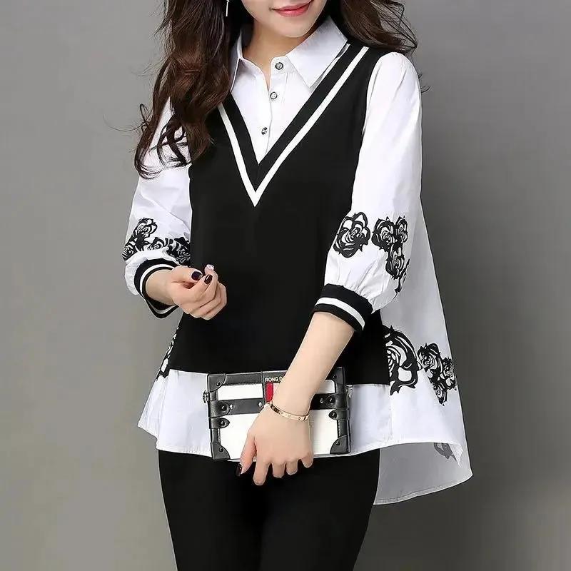 POLO Collar Plus Size Women's Korean Version of Loose Plus Fat Three-quarter Sleeve Fake Two-piece Fashion Shirt