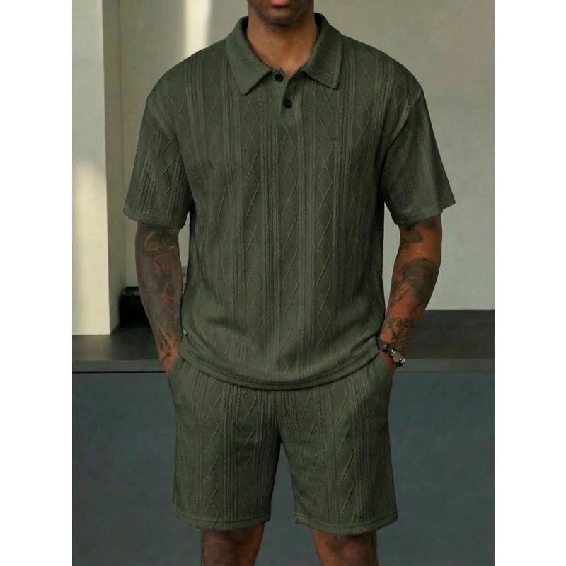 Men Solid Jacquard Casual Short Sleeve Polo Shirt And Shorts Two Piece Set