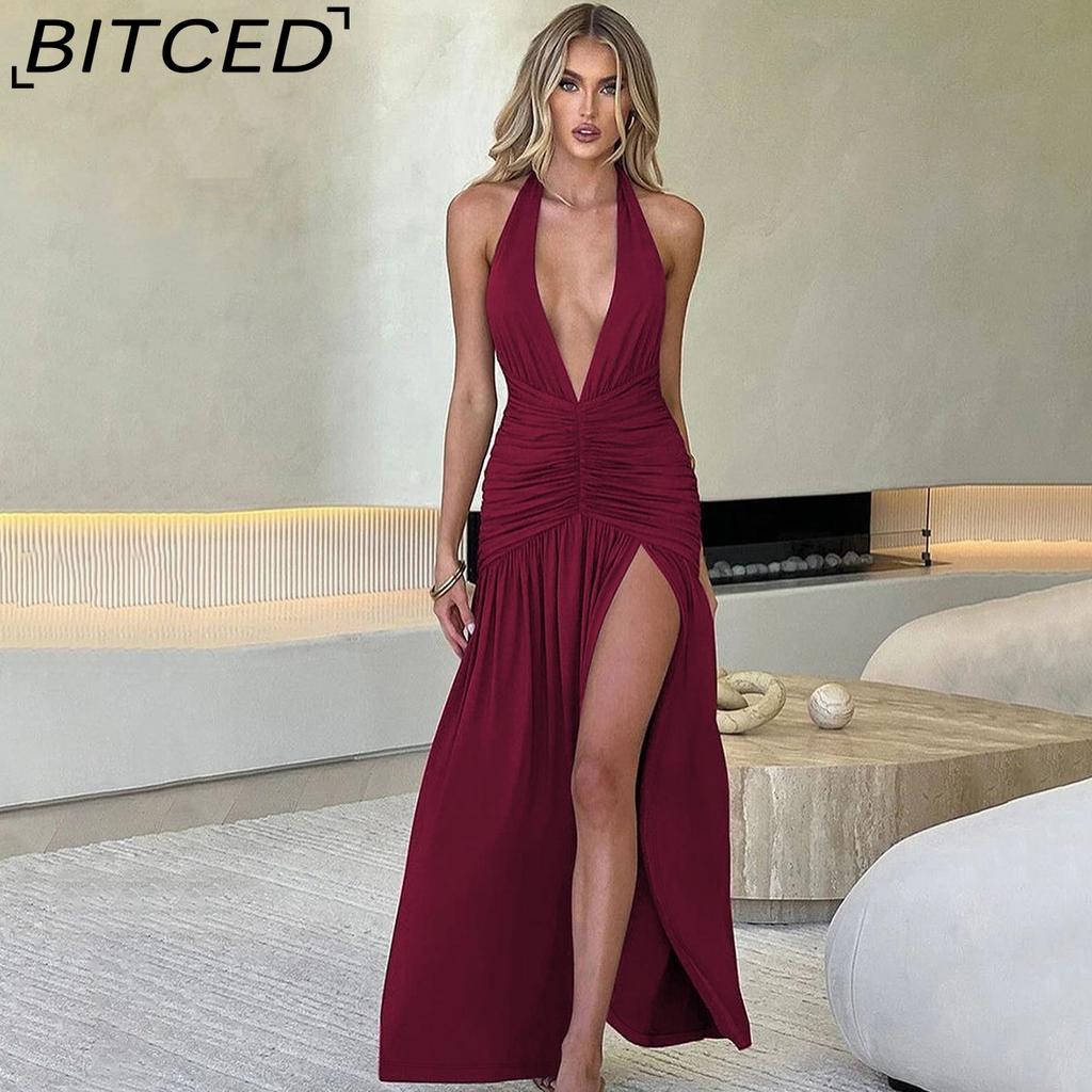 BITCED Summer Women's Elegant Halterneck V-Neck Maxi Dress Seductive Slit with Pleated Backless Design