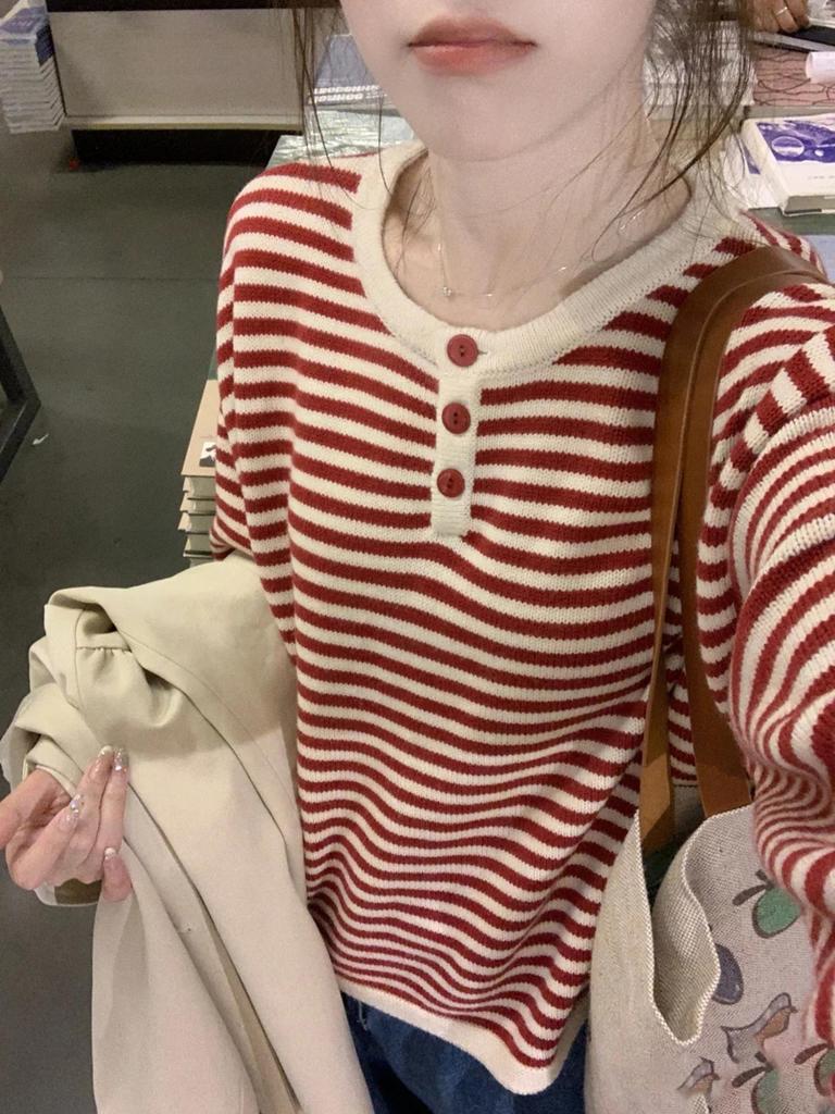Women's Korean-Style Striped Knit Sweater - Round Neck, Loose Fit, Fall 2025 College Fashion