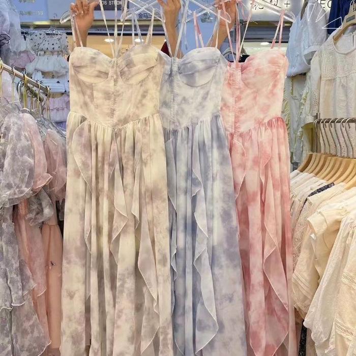 French First Love Sakura Pink Spaghetti Strap Dress for Women, Summer Blended Floral Irregular Hem Vacation Long Dress