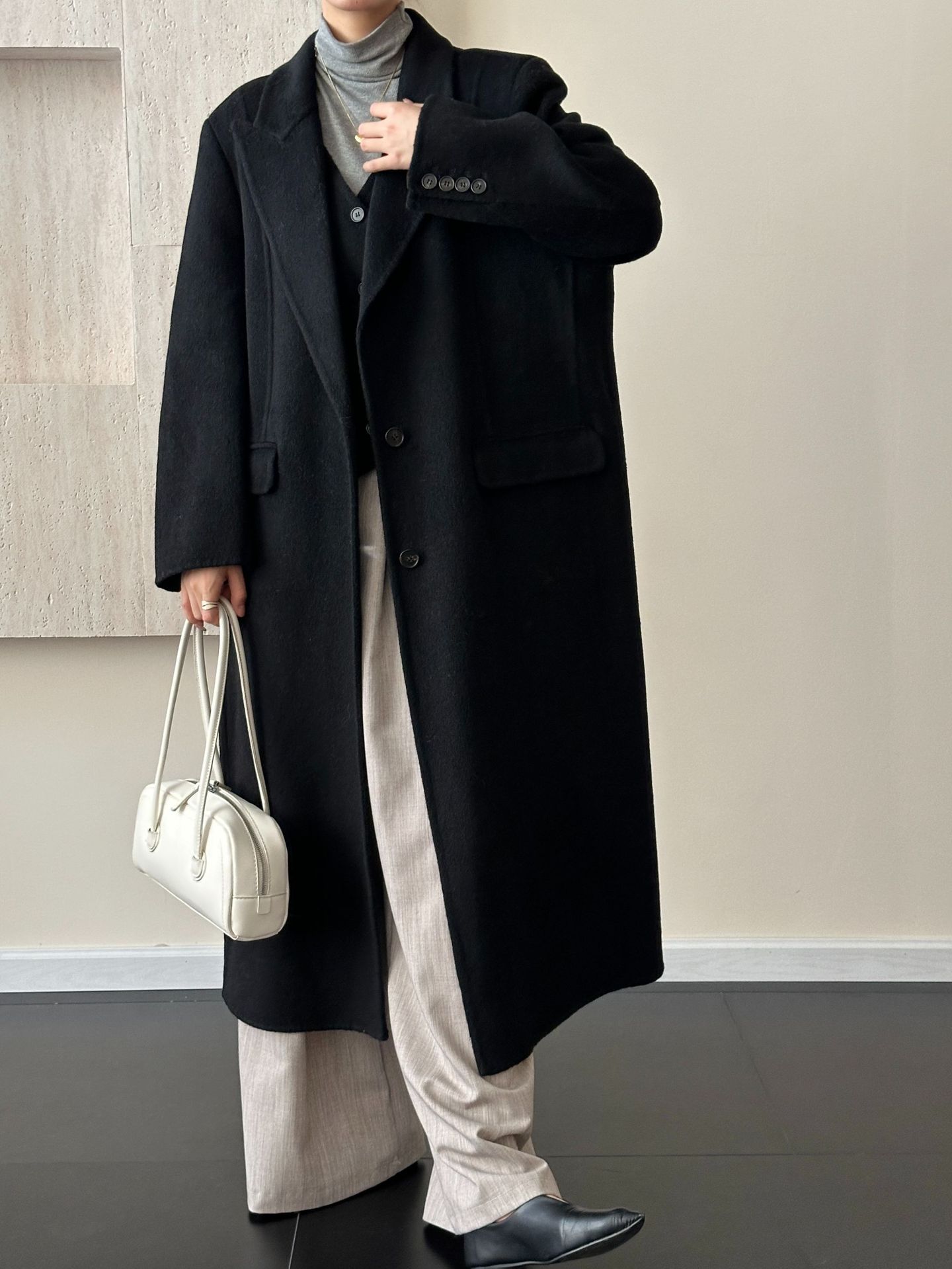 

Solid color fake two-piece suit collar single-breasted multi-buckle extended double-sided wool woolen coat jacket women s warm autumn and winter S чорний