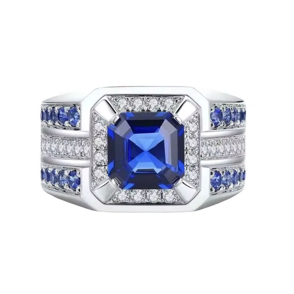 New Men's CopperPlated Alloy Mosaic Blue Square Zircon Ring Jewelry for Birthday Party Accessory  Size 7-13