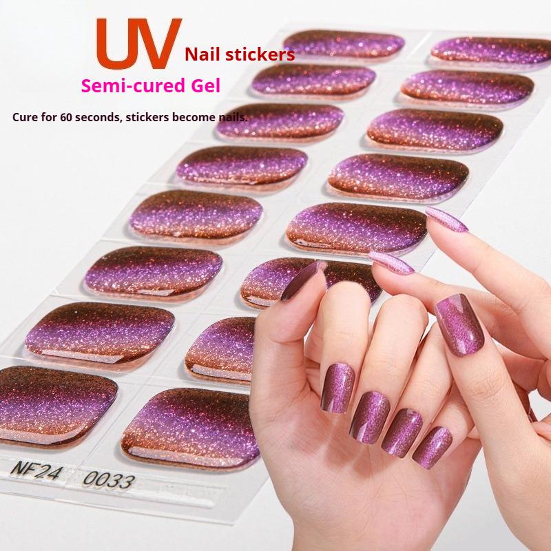 New Semi-cured Gel Nail Stickers, 16-finger Cat Eye Glitter UV Nail Stickers, Cured Under A UV Lamp.
