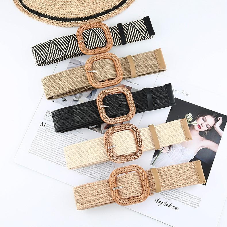 Belt Women'S Non-Porous Cotton And Linen Wind Grass Woven Belt Round Square Buckle Dress Long Shirt Decoration