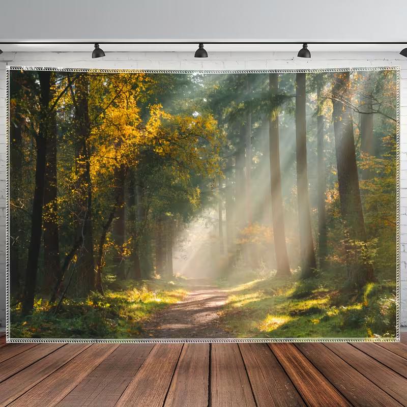 2D Green & Gold Forest Tapestry Morning Sunlight Wall Background Cloth