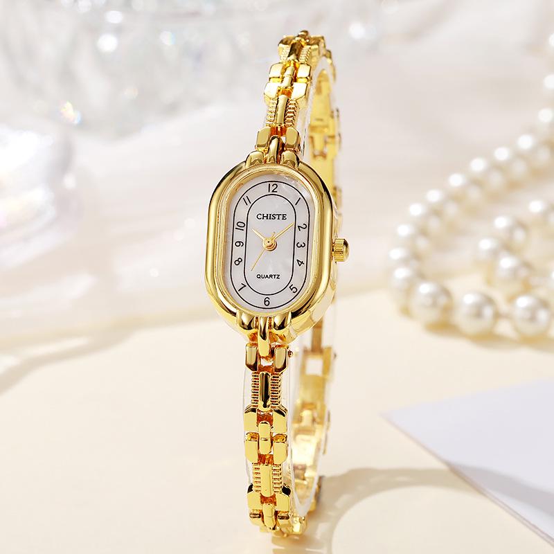 Retro Ovales Perlmutt-Armbanduhr für Damen - High-End-Mode-Stil für Damen und Studenten beige
