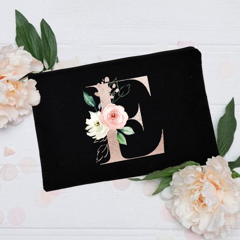 Borsa per il trucco floreale con alfabeto, damigella d'onore, damigella d'onore, festa, matrimonio, addio al nubilato, regalo, in tela, con cerniera, per cosmetici