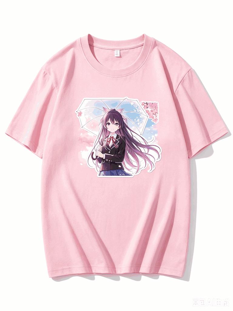 Yatogami Tohka Date A Live Anime Girl Holding Umbrella Graphic Crew Neck Short Sleeve T-shirt