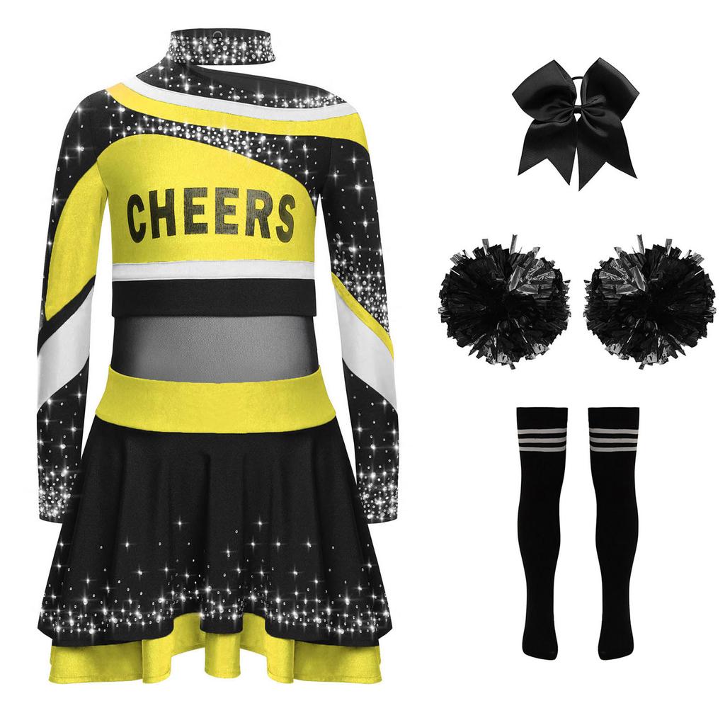 Girls Cheerleading Costume Set Long Sleeve Rhinestone Letter Print Color Block Top Skirt Bowknot Headband Striped Socks Pom Poms