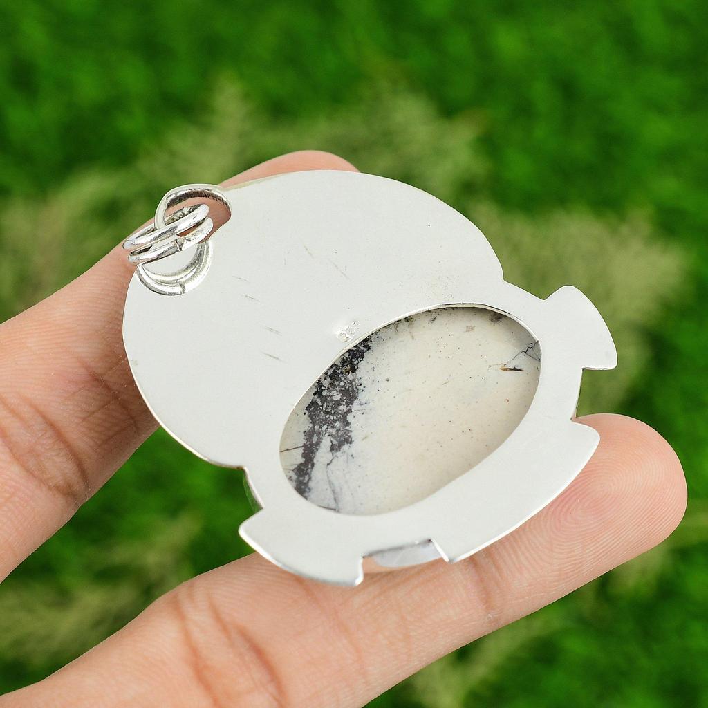 Daughters Day Sale Oval Porcelain Jasper Stone Handmade Boho Pendant 925 Silver