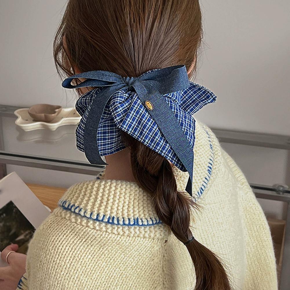 Korean Bow Denim Blue Plaid Square Scarf Large Intestine Headband Hair Square Female Band Hair H0K6