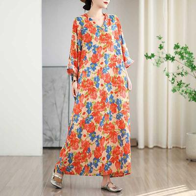 Colorful Cotton and Linen Vacation Style V-neck Long Skirt