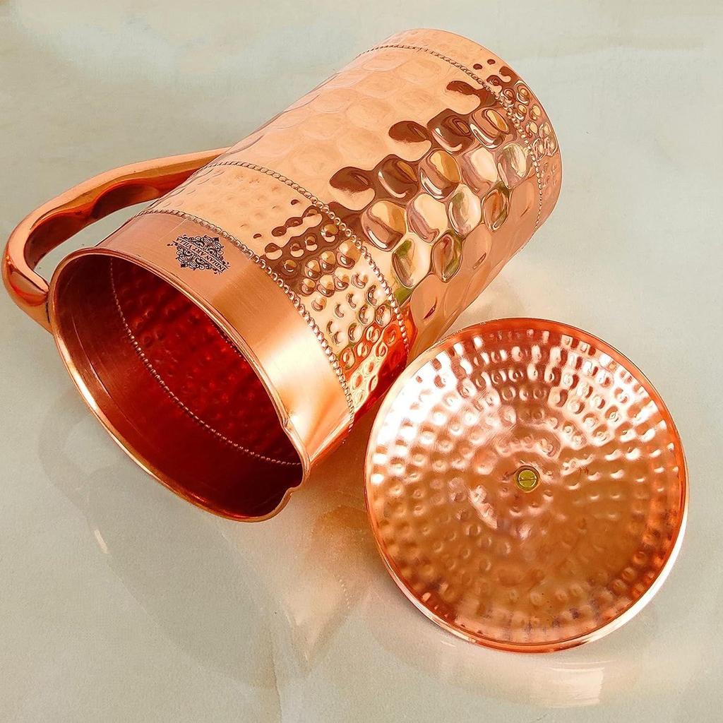 Pure Copper Jug/Pitcher with Diamond Hammered Beeding Design, Drinkware & Storage Purpose, Volume-1500 ML