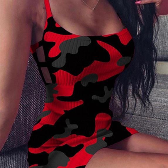 Womens Fashion Sleeveless Camouflage Print Bandage Package Hip Mini Dress Slim Fit Skinny Casual Pencil Dress
