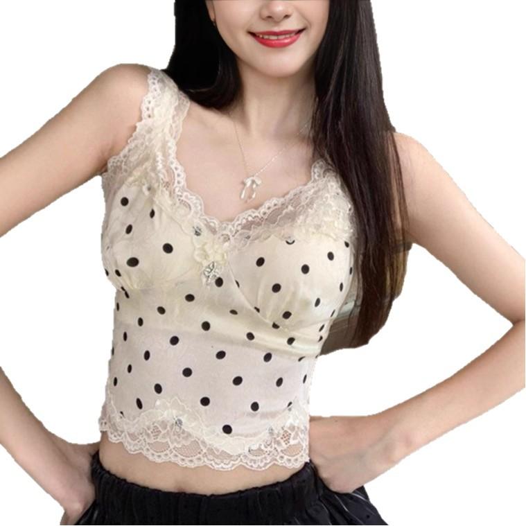 French retro lace polka dot white suspender vest women's summer babes wear niche design sleeveless top
