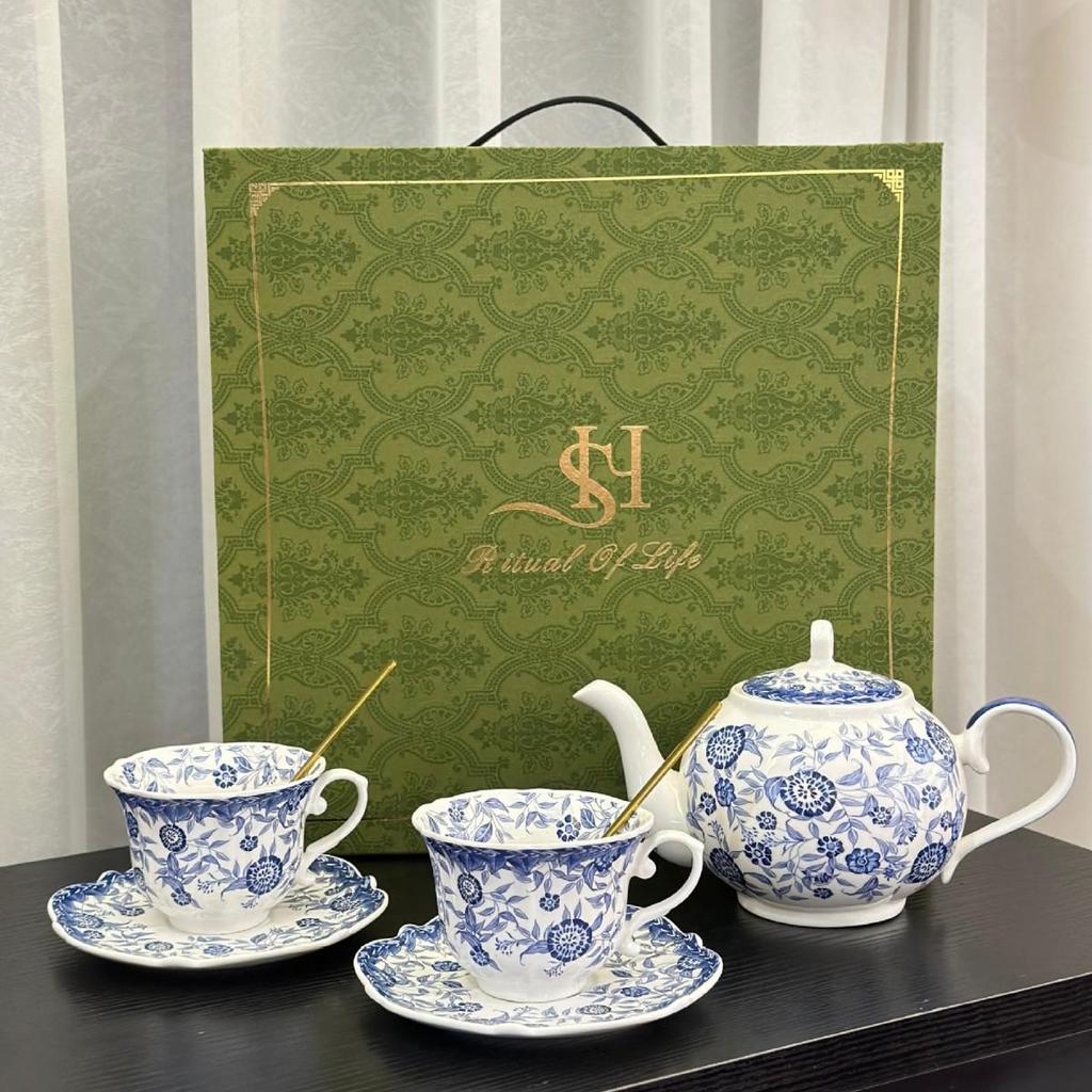 Squisito Set di Tazza da Caffè e Sottotazza in Ceramica Blu e Bianca Retrò
