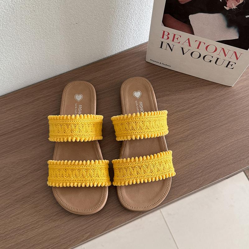One-word Cool Slippers Women's 2025 New Summer Retro Woven Cross-bottomed Slippers Beach