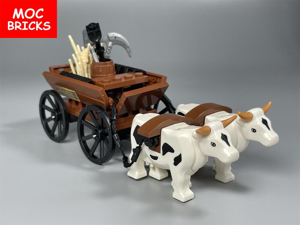 Set  MOC Bricks Cow Cattle Cart Oxen Town Farm House Assembled Building Blocks Accessories Children's Toys