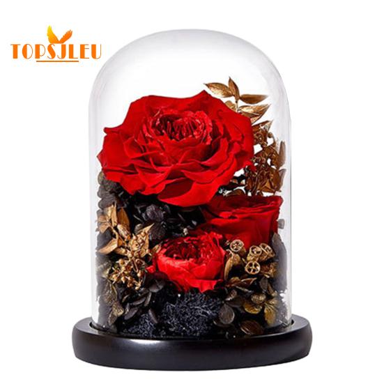 Wieczny kwiat róży szklany pokrowiec z oświetleniem LED, drewniana podstawa, zachowana prawdziwa szklana kopuła nieskończoności, prezent na walentynki dla żony i dziewczyny