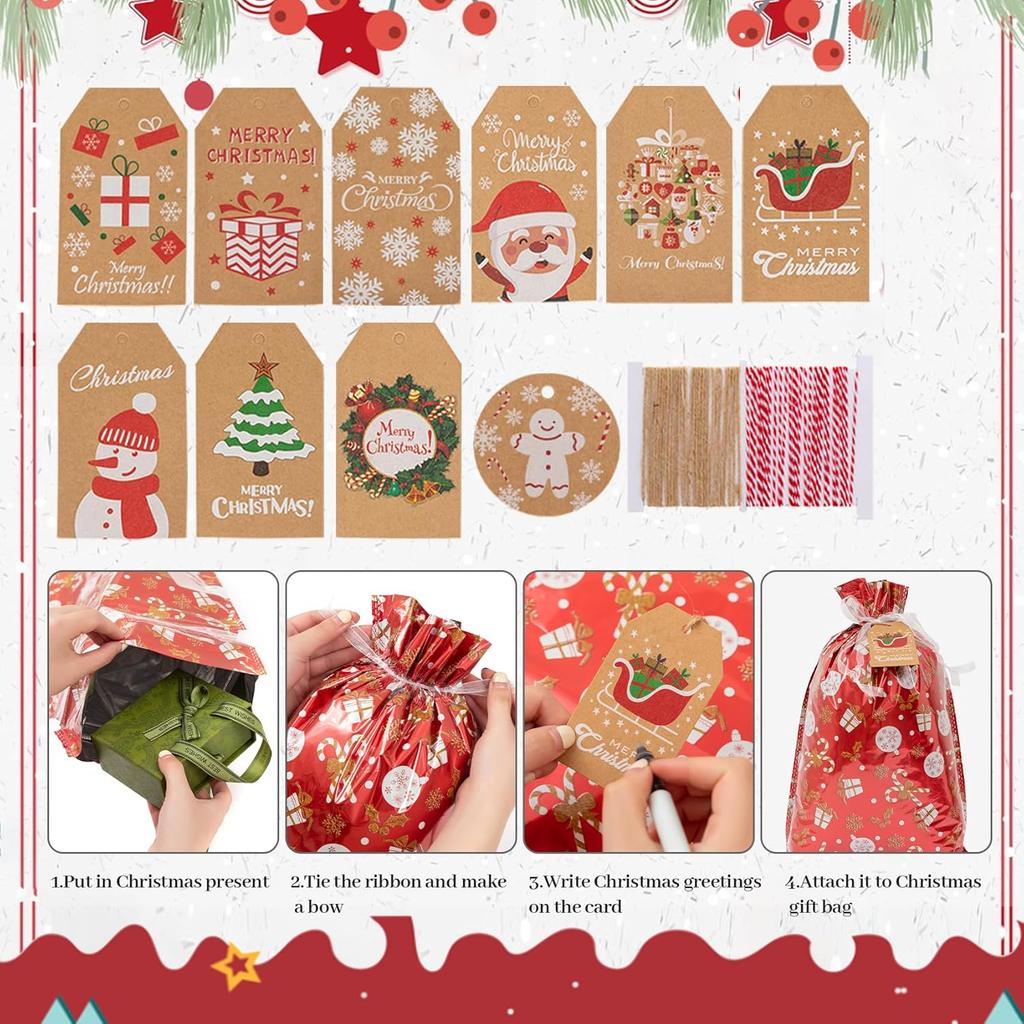 Senteria Christmas Gift Bags-42Pcs Drawstring Gift Bags Xmas Christmas Bags with Drawstring for Wrapping Christmas Gifts Presents with Ribbon Ties