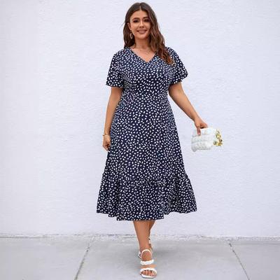 Robe à pois bohème à col en V pour femme, manches courtes, taille haute, à volants, longue, respirante, légère, confortable, décontractée, pour le travail et les vacances